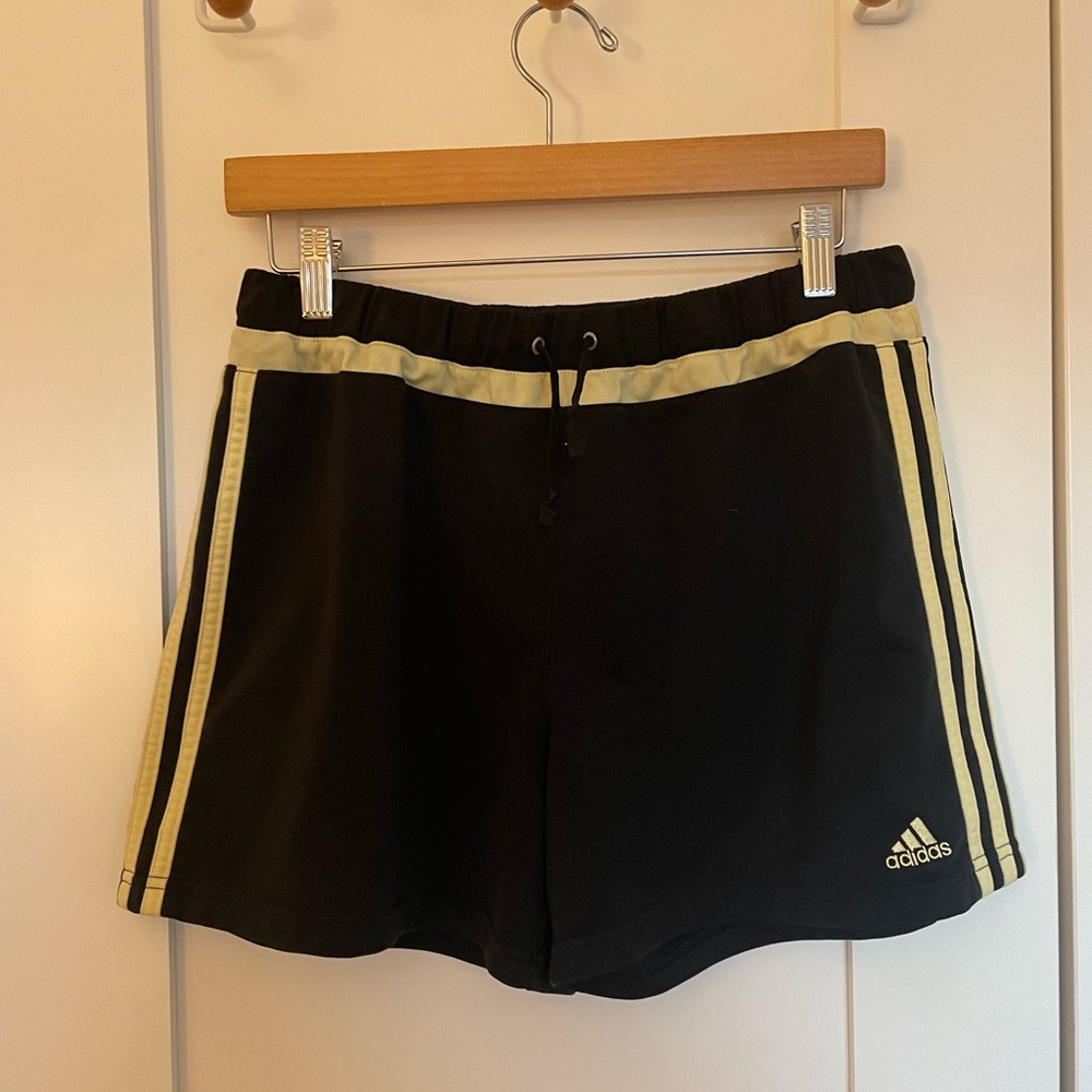 Vintage Adidas Women's Athletic Shorts Black with Yellow Stripes
